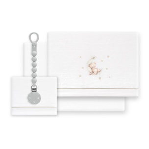 Triptico Cuna Coralina Estampado Oso Luna Estrellas + Broche Bco/Verde
