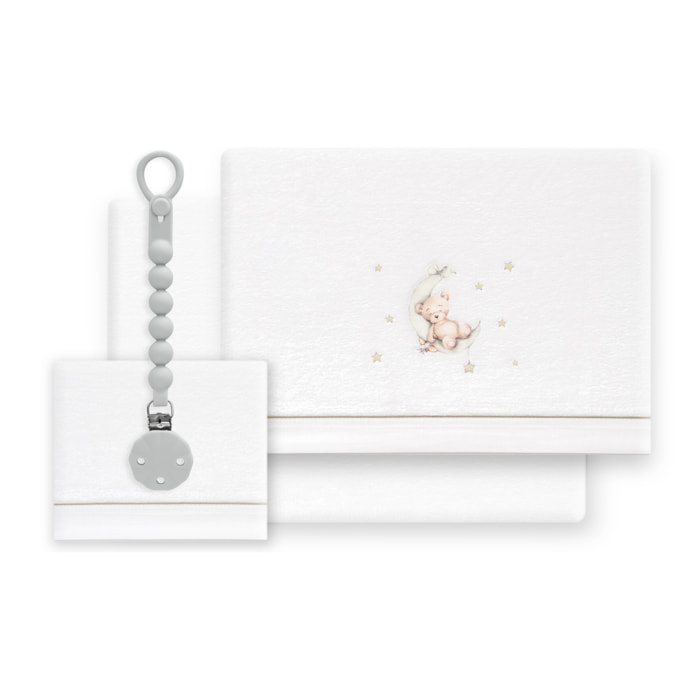 Triptico Cuna Coralina Estampado Oso Luna Estrellas + Broche Bco/Verde