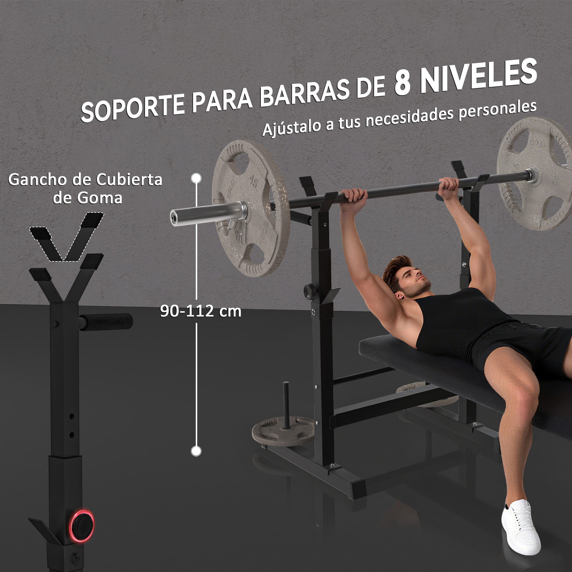Banco de Musculación Multifuncional Plegable, Banco de Pesas, Press Banca con Soporte para Barras Ajustable y Estación de Dips, Carga 220 kg, para Entrenamiento Completo en Casa Gimnasio