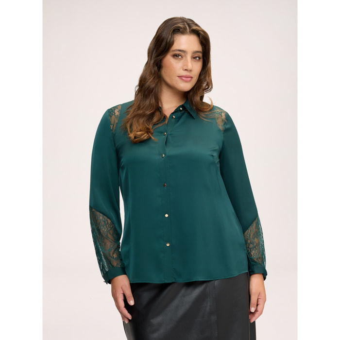 Fiorella Rubino - Blusa in raso stretch con inserti in pizzo - Verde