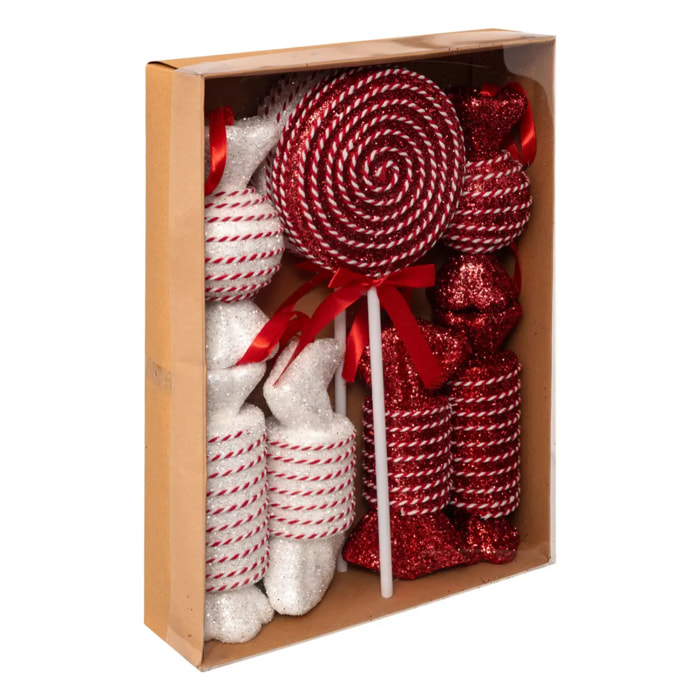Lot de 8 sujets bonbon polystyrène H.max 40cm rouge et blanc