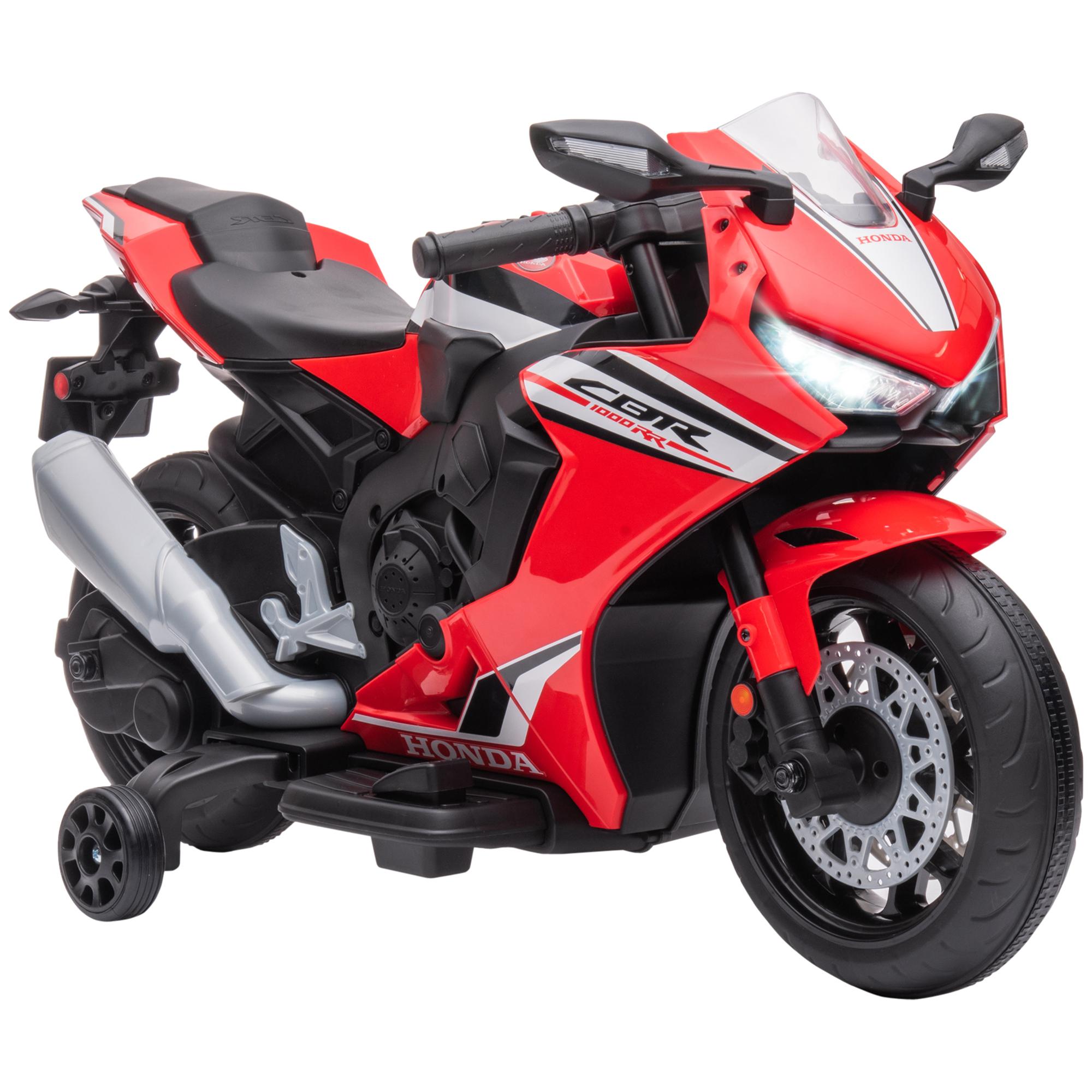 Moto Eléctrica con Licencia HONDA para Niños de 3-5 Años Moto a Batería 6V con Faro Bocina Música y Ruedas Auxiliares Extraíbles Carga 30 kg 90x44x52 cm Rojo