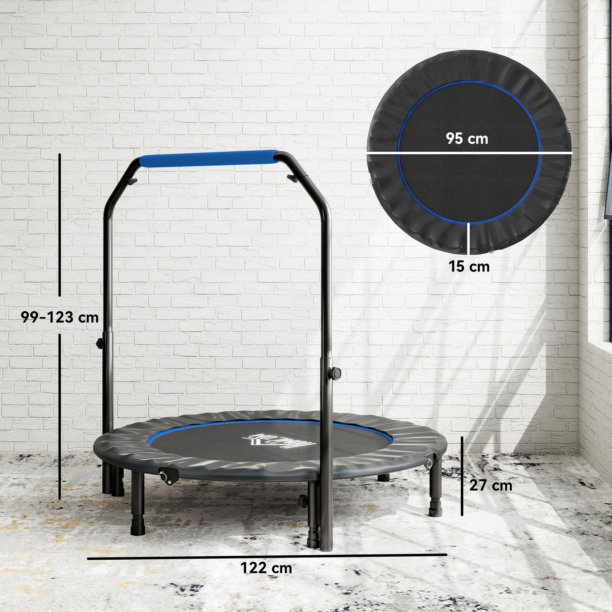 Trampolín de Fitness Adultos Ø122 cm, Cama Elástica Plegable con Mango Ajustable de 4 Niveles, Marco de Acero, para Entrenamiento Piernas, Cuerpo en Hogar, Oficina, Gimnasio, Negro y Azul