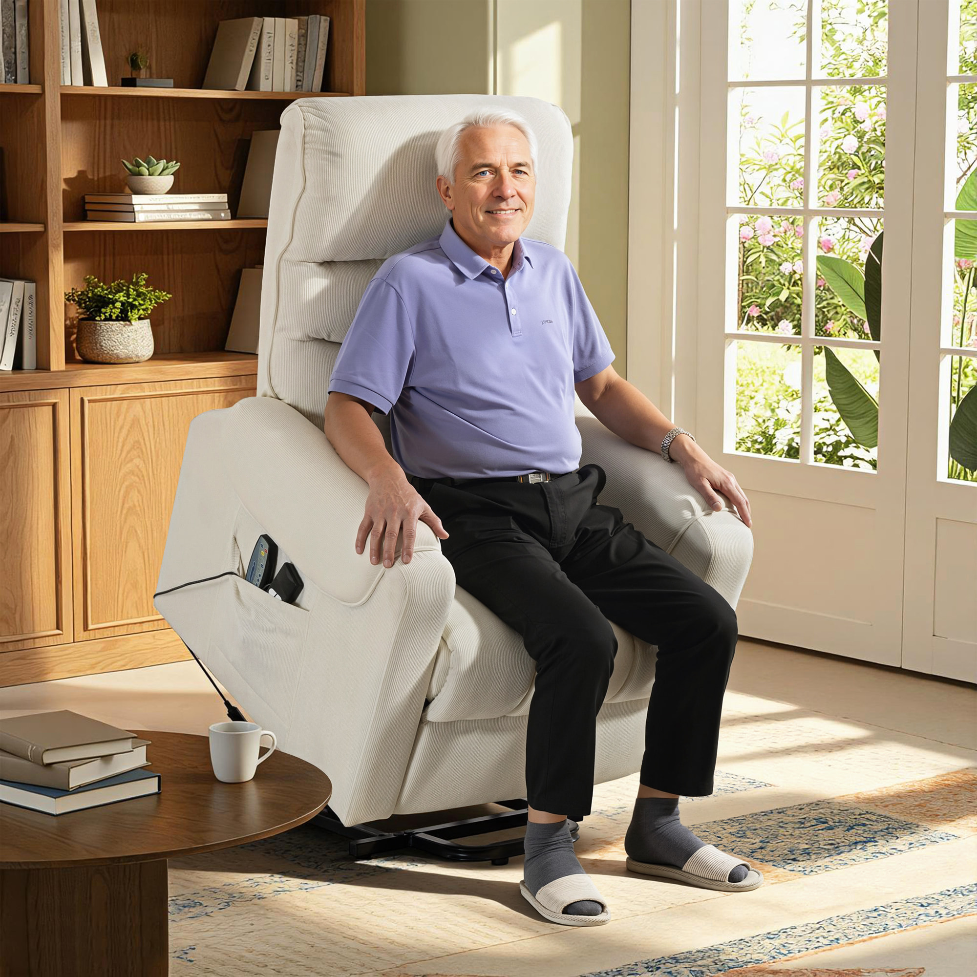 Sillón Relax Reclinable Eléctrico Levanta Personas, Sillón Elevador con 8 Puntos de Masaje, 2 Controles Remotos, Reposapiés, Tapizado en Pana, Acolchado Grueso, Bolsillo Lateral, Beige