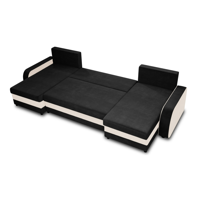 Valos - canapé panoramique en U - 7 places - convertible avec coffre - en velours - Noir / Blanc