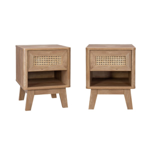 Lot de 2 tables de chevet avec 1 tiroir et 1 niche effet bois et cannage. pieds eucalyptus