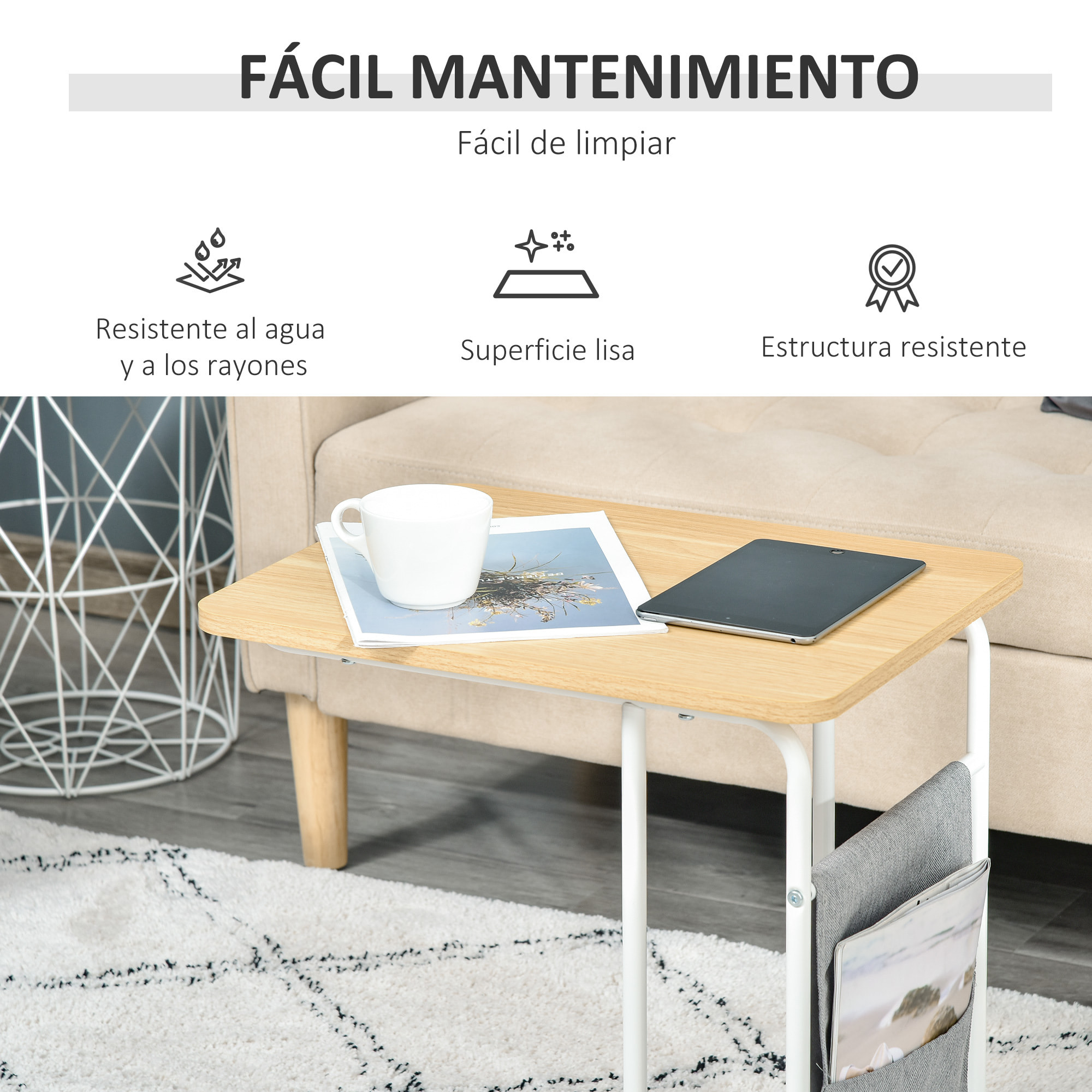 HOMCOM Mesa Auxiliar de Sofá en Forma de C con Bolsa de Almacenaje Extraíble Mesa Lateral para Salón Dormitorio Oficina 37x48x55,8 cm Roble y Blanco