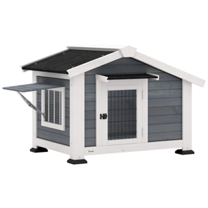 Caseta para Perros Exterior de Madera, Casa para Perros Medianos con Techo Asfático, Suelo Extraíble, Ventana Abatible y Puerta Ventilada, Base Elevada, 98x76x69,5 cm, Gris
