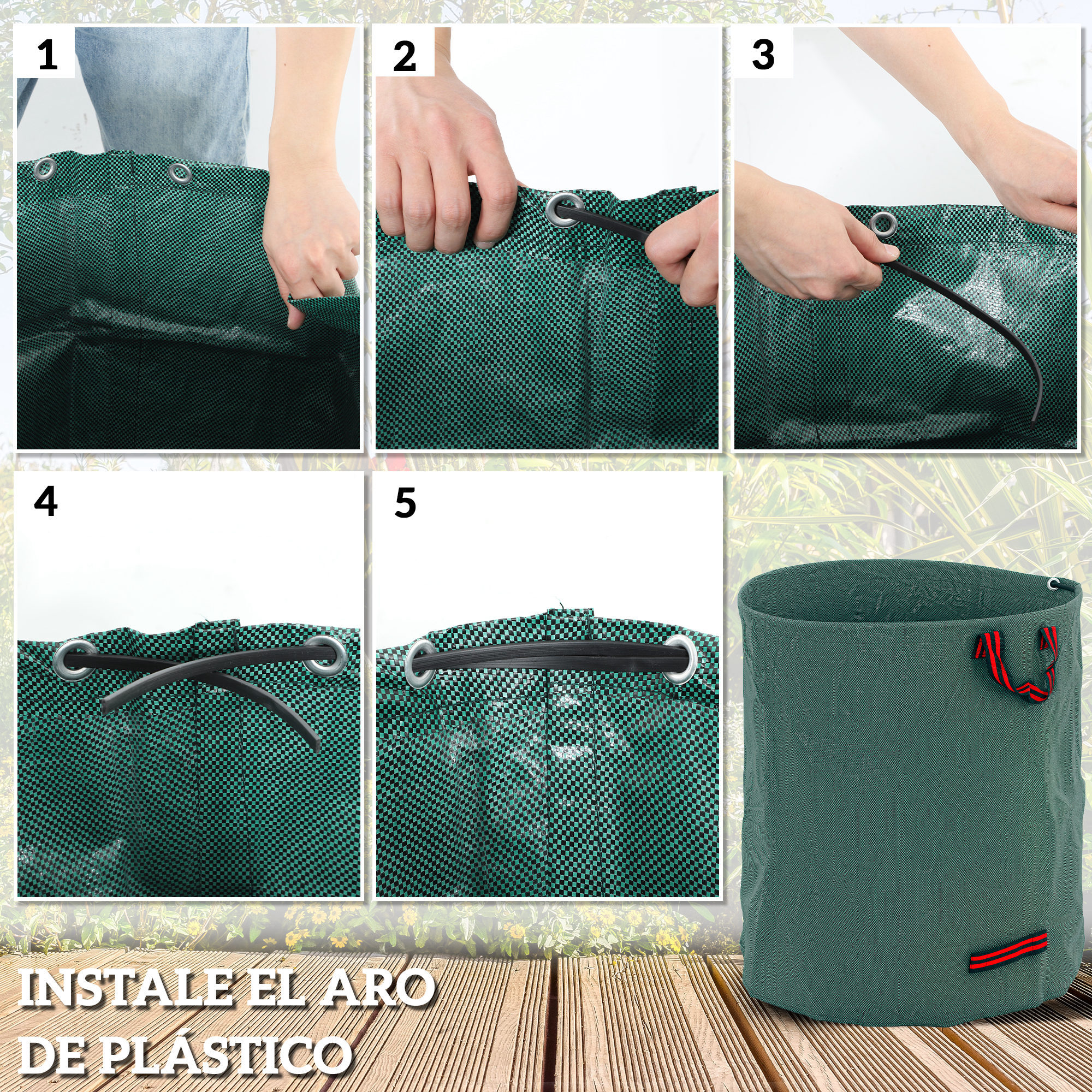 Set de 3 Bolsas de Basura de Jardín 272L Bolsas para Residuos Resistentes con Asas Reforzadas y Aros Flexibles Plegables y Reutilizables