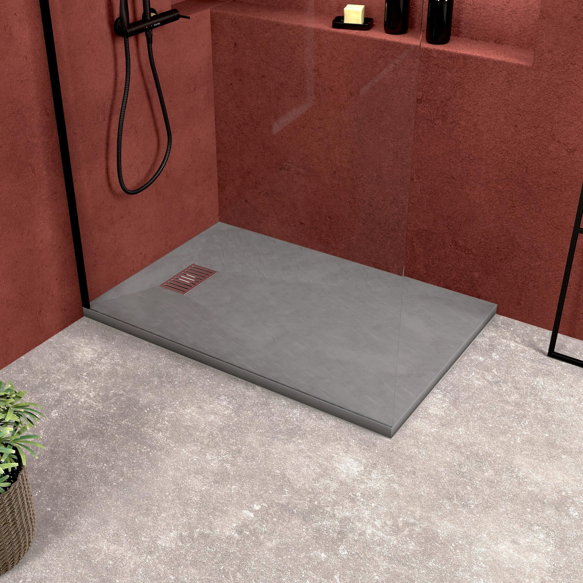 Receveur de douche Gris Effet Pierre 80x120 cm et Grille décor Linéaire en Inox