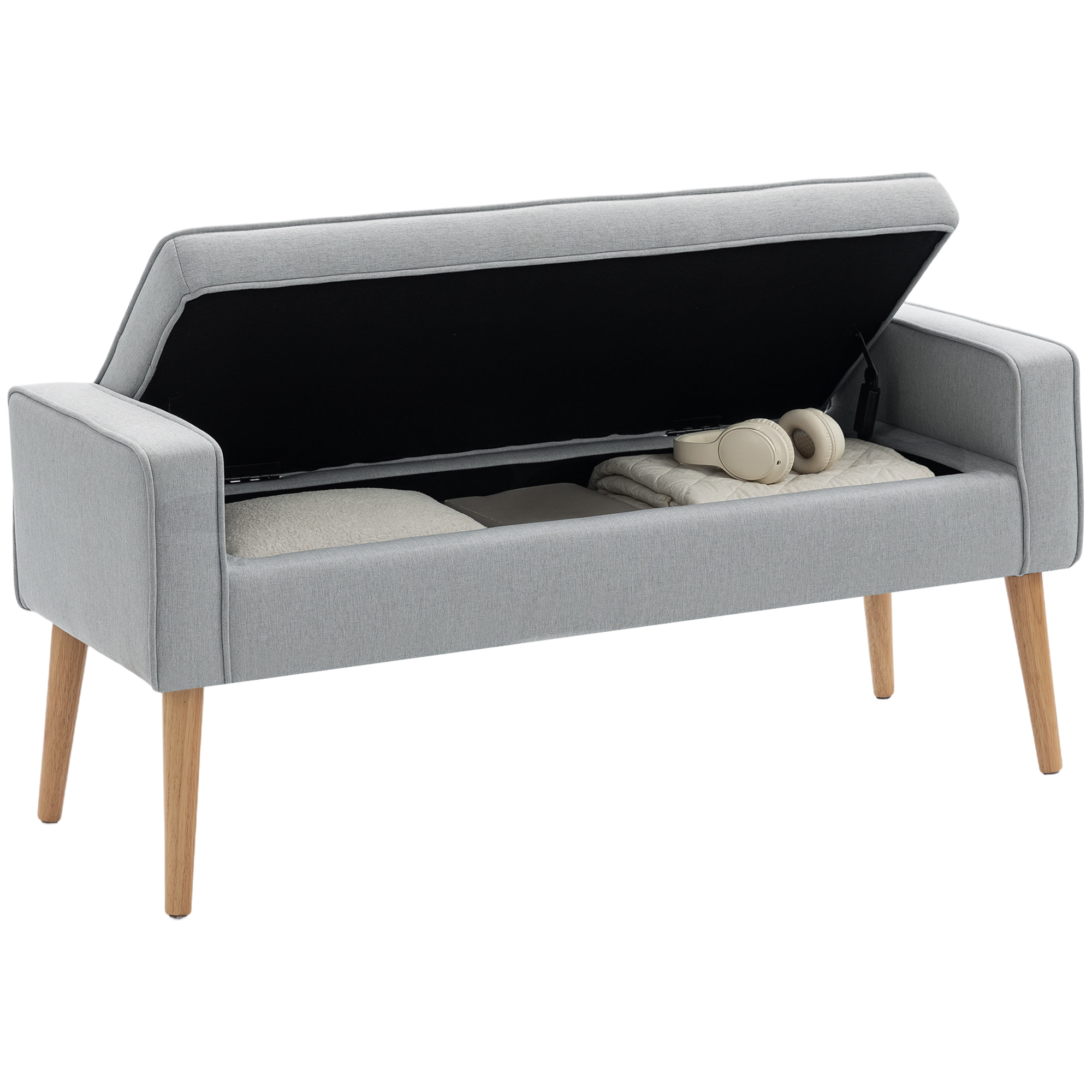 Puff Almacenaje Banco Almacenaje Tapizado en Lino Sintético con Tapa Abatible y Patas de Madera para Dormitorio Salón Entrada Carga 120 kg 120x45x54 cm Gris Claro