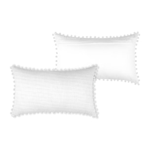 Coussin rectangulaire en coton déhoussable à pompons - Blanc