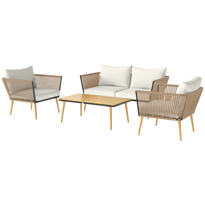 Salon de jardin 4 places 4 pièces design scandinave acier époxy résine filaire PE coussins inclus crème