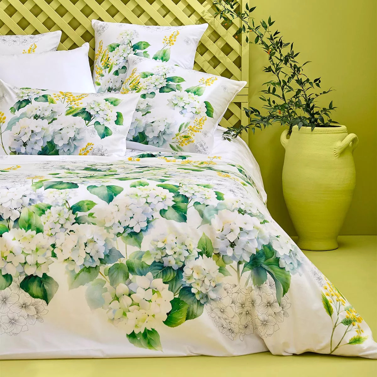 Lot h.couette +taies percale de coton imprimé blanc jaune Annabelle mimosa