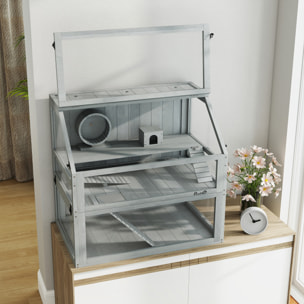 Cage rongeur hamster en bois dim.80x50x76cm 3 niveaux rampes roue bascule cabane gris