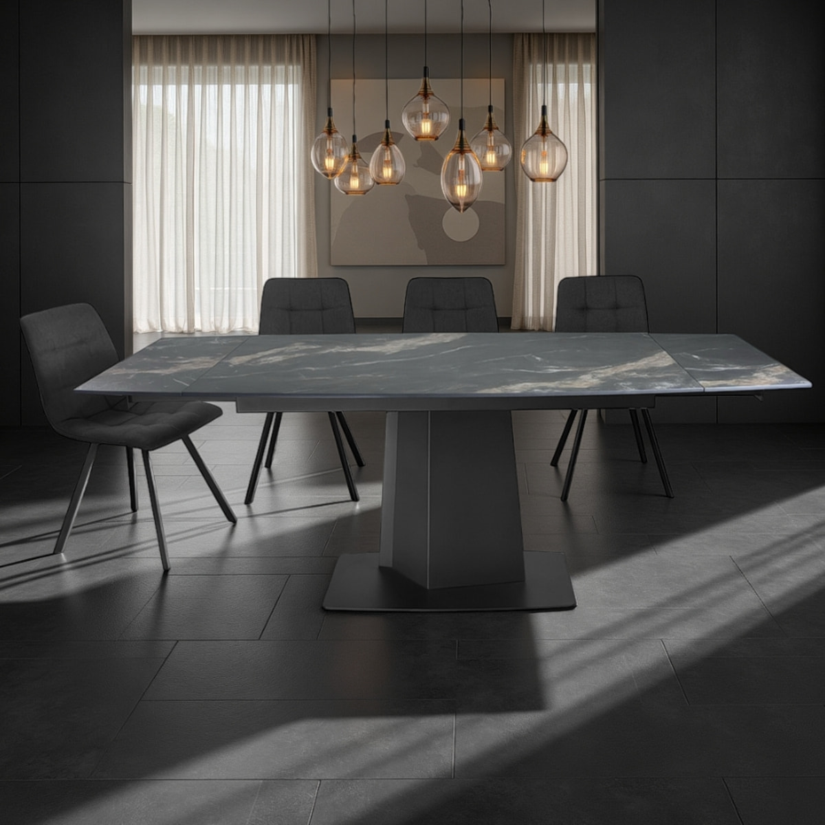Table à manger extensible Tomasucci SAFIR, en céramique effet marbre noir, 140/170/200 × 89 × 77 cm