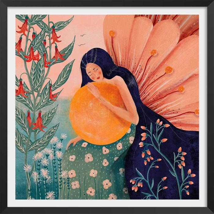 Affiche princesse aux fleurs Affiche + cadre en bois - Noir