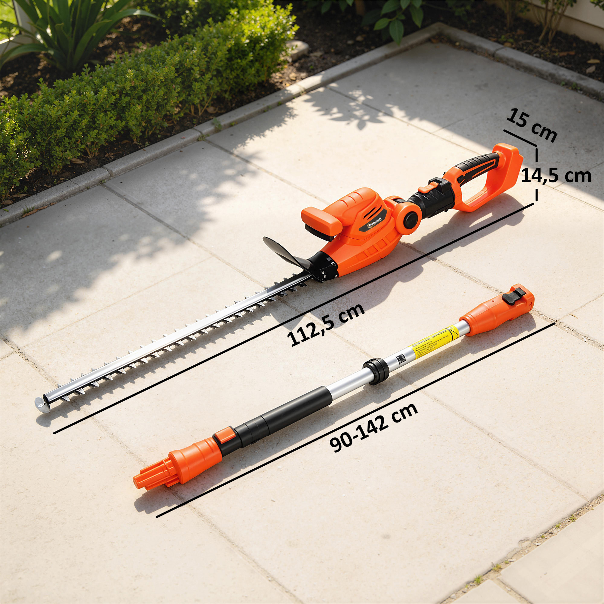 Taille-haies télescopique sans fil 100W 2 batteries lame asymétrique double action 51 cm orange