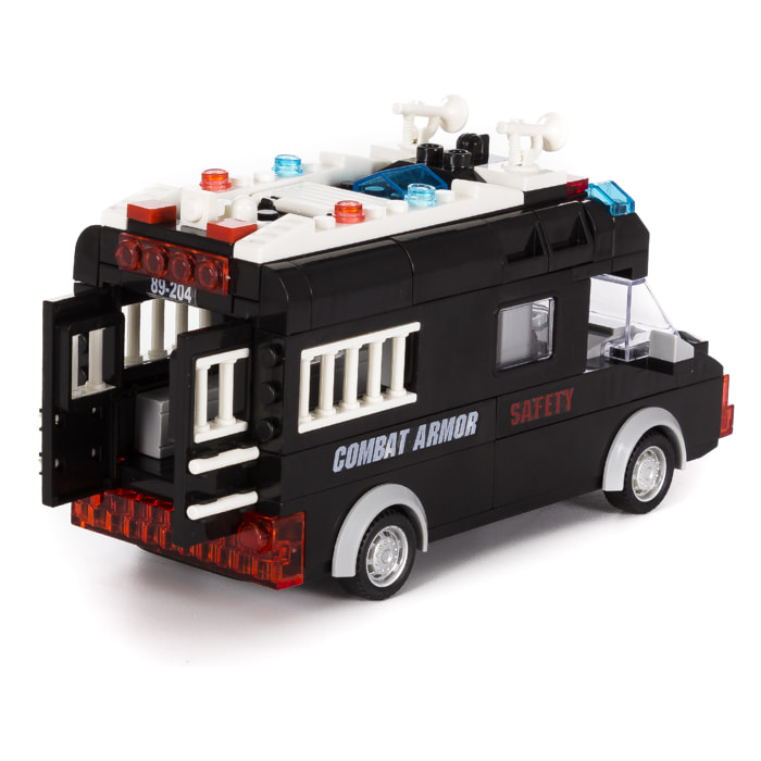 Furgone di polizia SWAT con luci ed effetti sonori. Da costruire, 77 pezzi. Funzionamento mediante inerzia inversa.