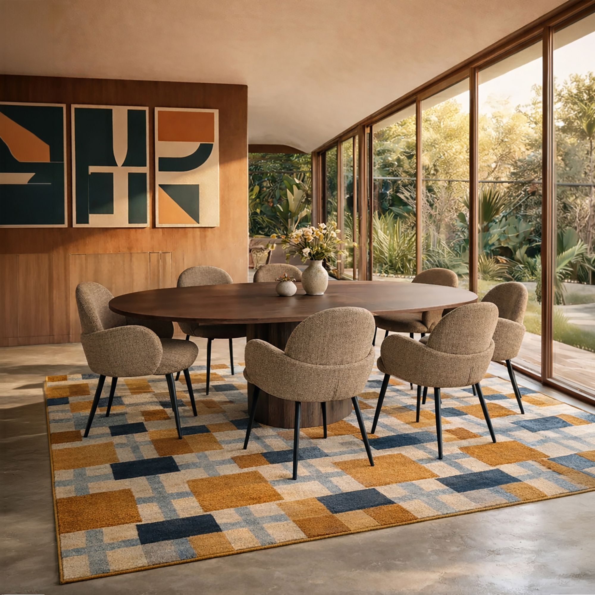 Ensemble table ovale extensible et 6 fauteuils en tweed SIERRA