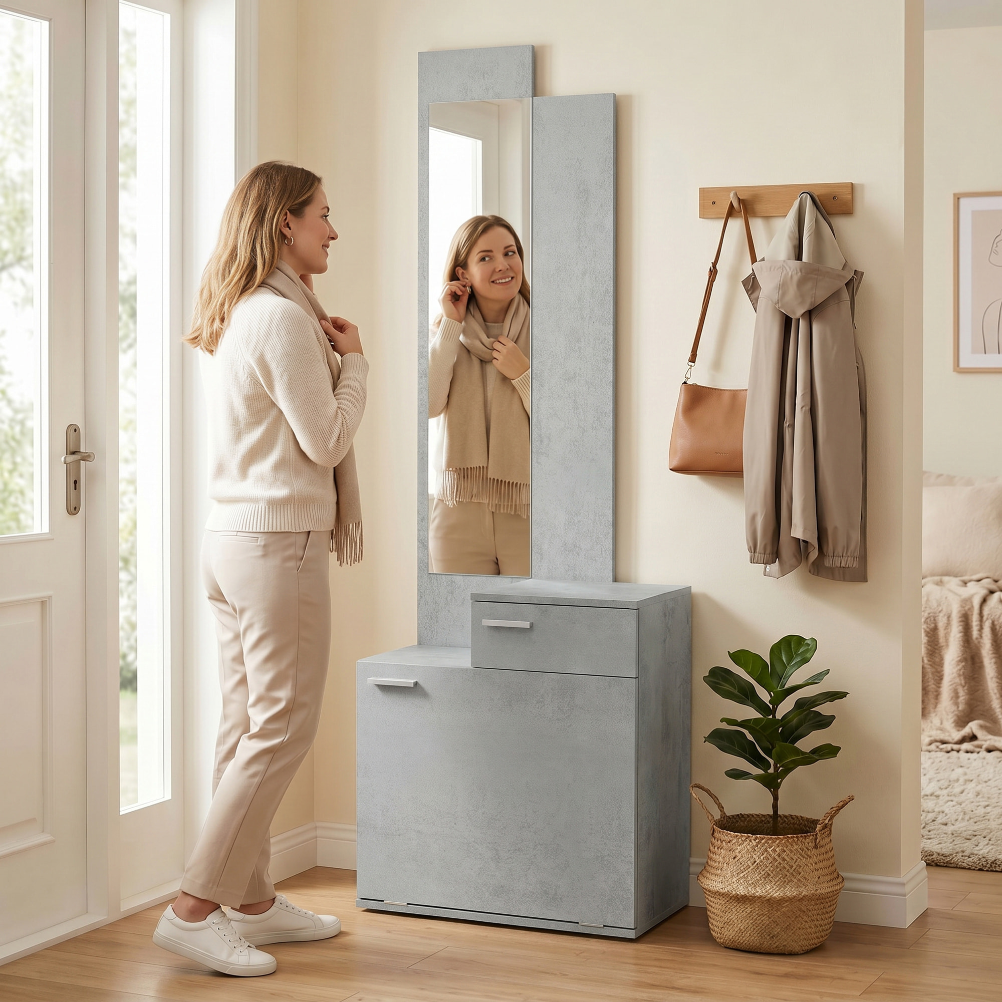HOMCOM Recibidor de Entrada con Espejo y Zapatero Abatible, Mueble Recibidor de 2 Piezas con Asiento, Cajón, Mesa Pequeña para Pasillo, 61x30x170 cm, Gris