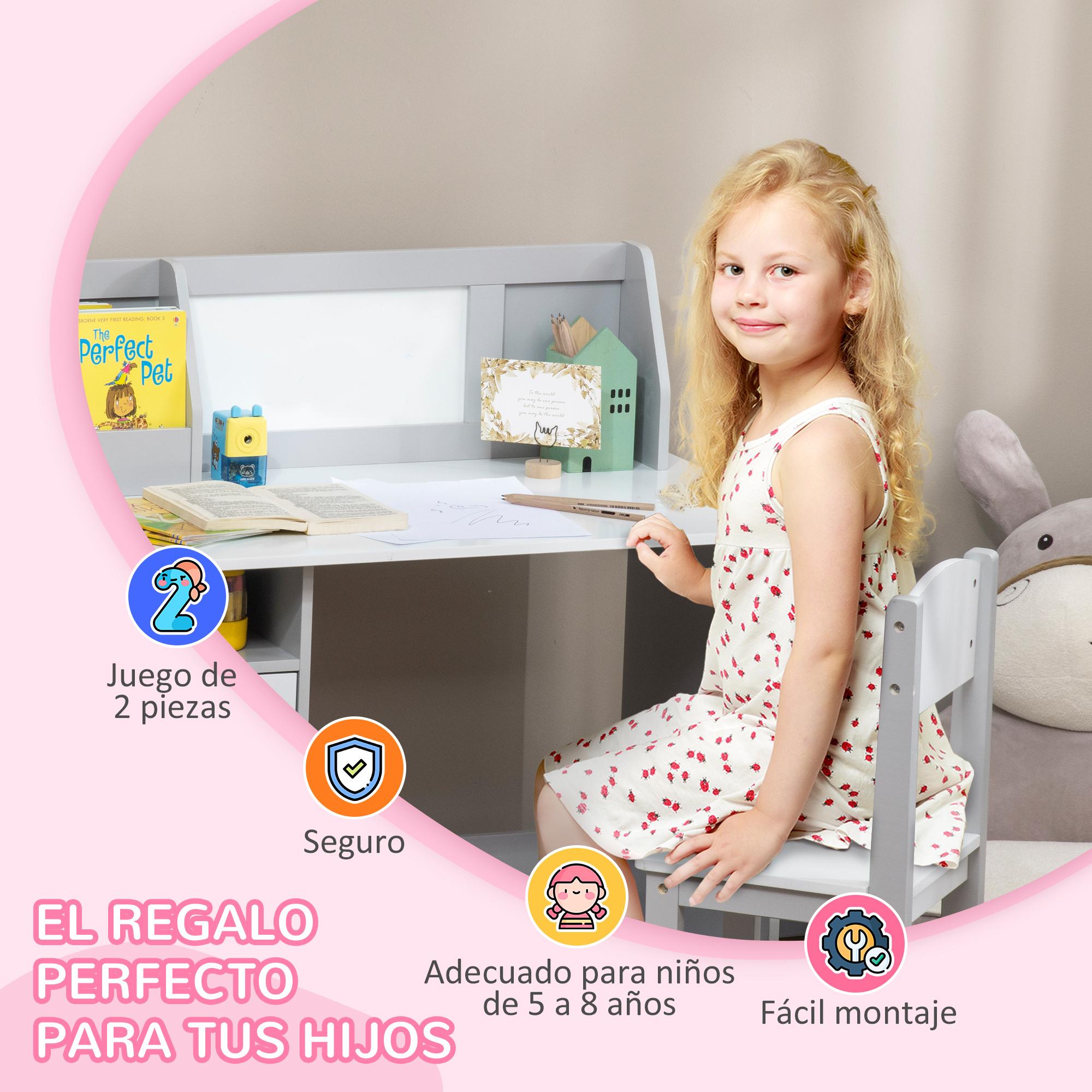 Juego de Mesa y Silla Infantil de Madera con Pizarra Blanca Mesa de Estudio para Niños de +5 Años Mueble Escritorio Infantil 90x45x85 cm Gris