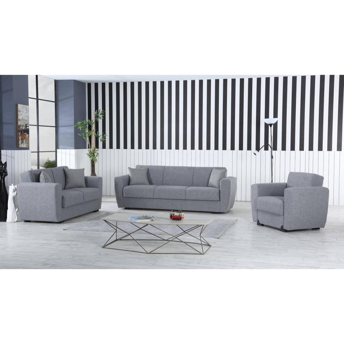 Divano letto Escobar, Divano letto contenitore a 3 posti lineare, Sofà da soggiorno in tessuto imbottito con apertura click-clack, 223x84xh80 cm, Grigio