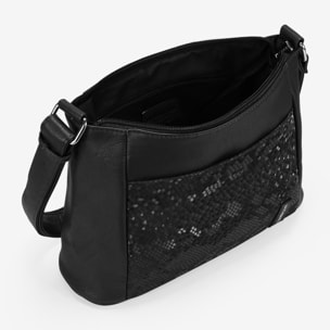 Bolso bandolera negro con bolsillo con grabado de serpiente