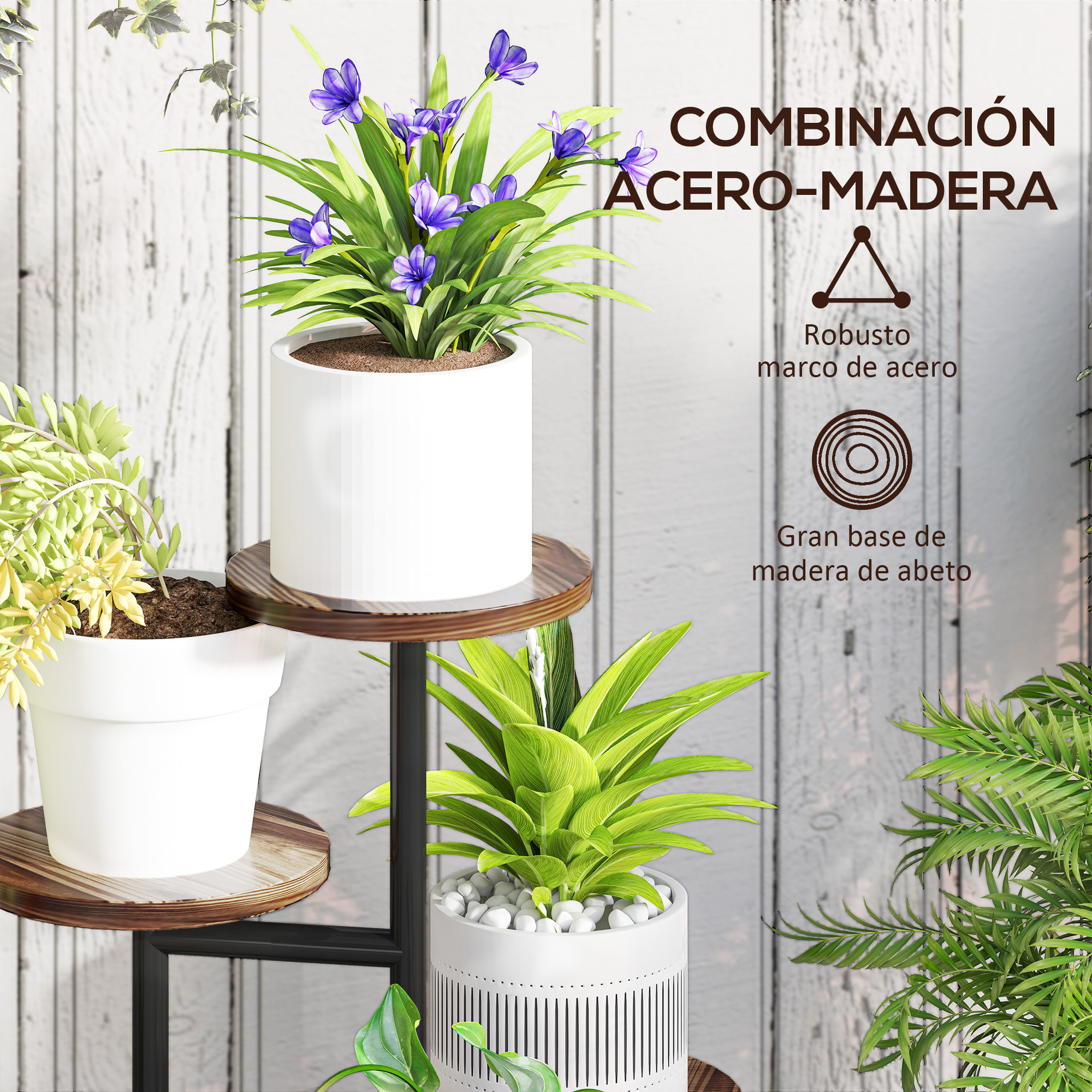 Estantería para Plantas de 5 Niveles Soporte para Plantas de Madera y Acero con 5 Estantes Redondos Soporte para Macetas para Interior y Exterior 43x43x70 cm Carbonizado