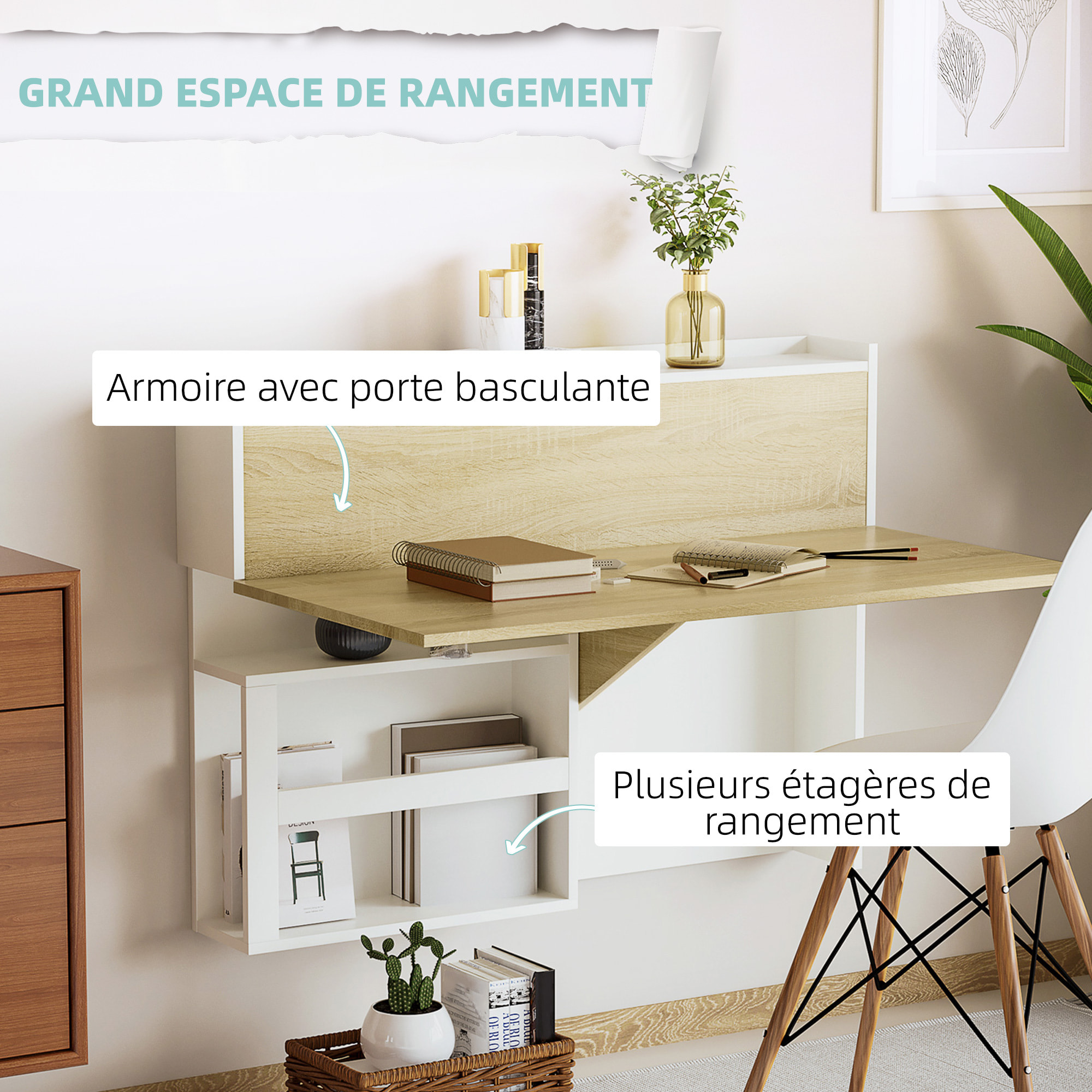Bureau pliable mural avec étagères de rangement et placard, bureau rabattable, effet bois naturel