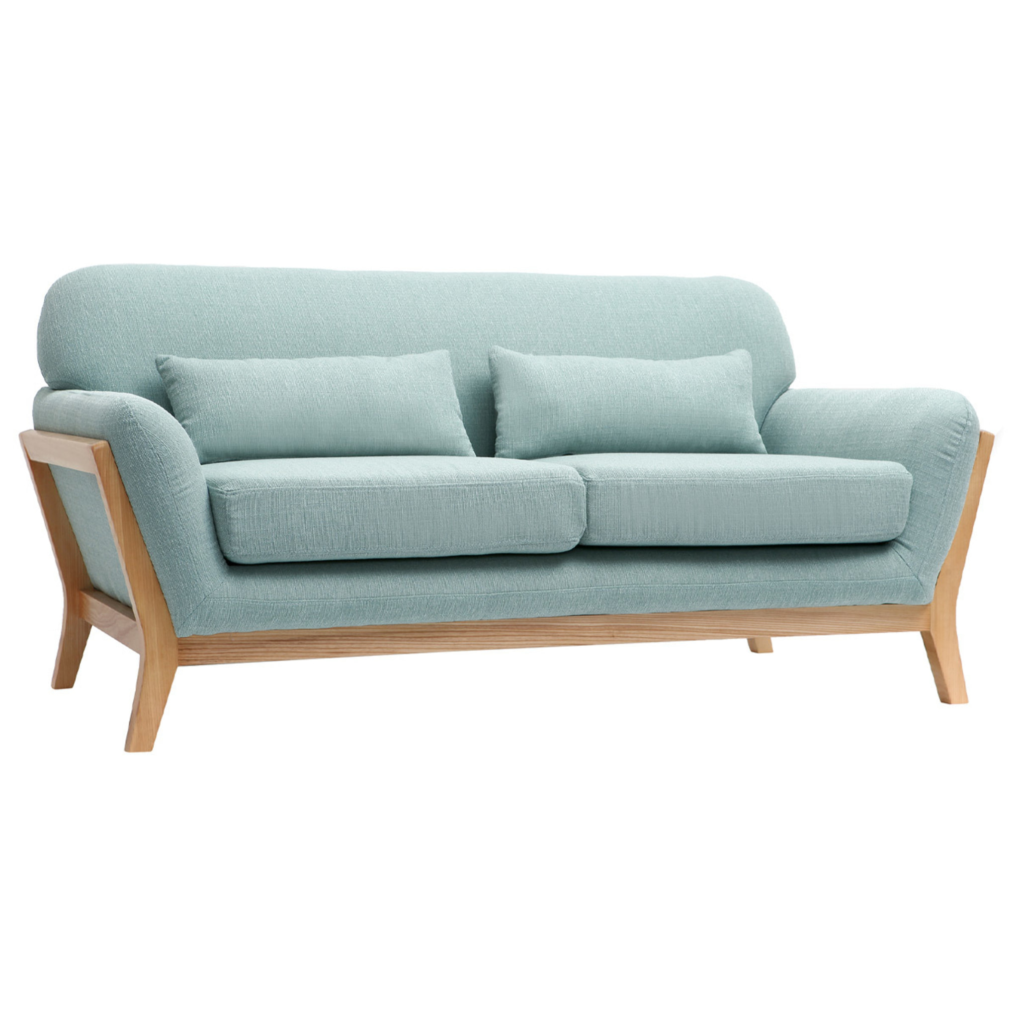 Canapé scandinave 2 places en tissu vert lagon et bois clair YOKO
