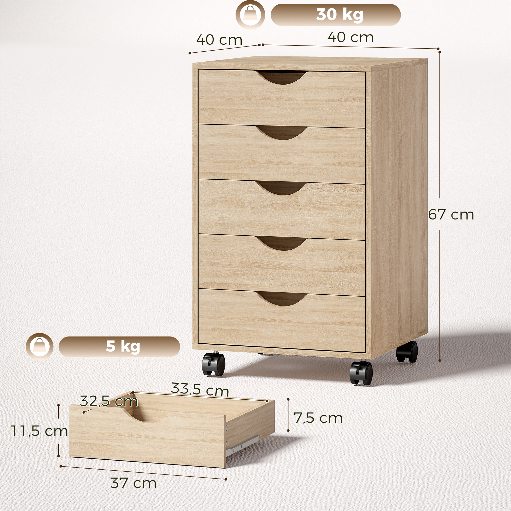 Caisson bureau 5 tiroirs mobile dim. 40x40x67cm effet bois clair