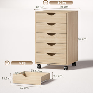 Caisson bureau 5 tiroirs mobile dim. 40x40x67cm effet bois clair