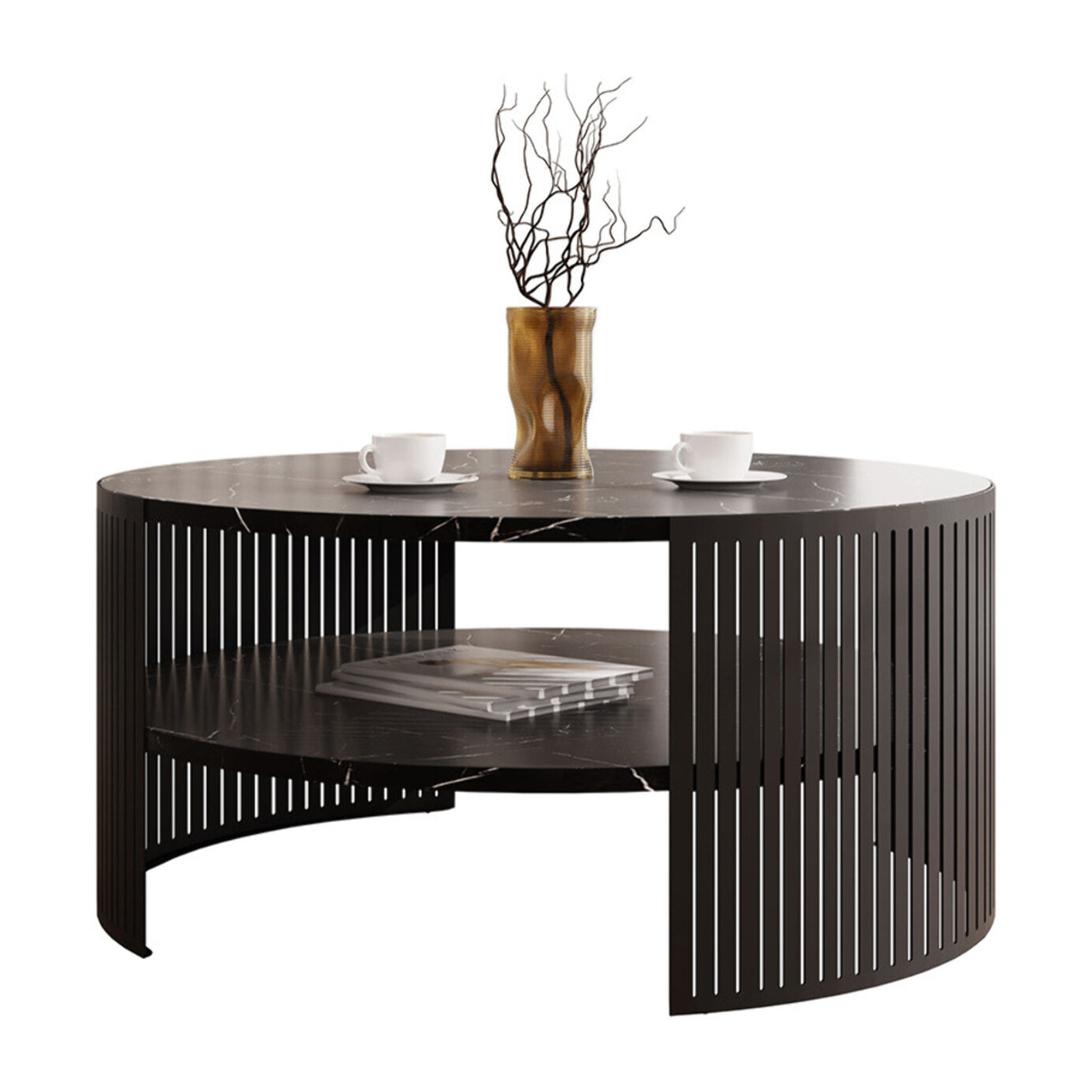 Cruz - table basse ronde - effet marbre noir - 1 niche - 75 cm - Noir