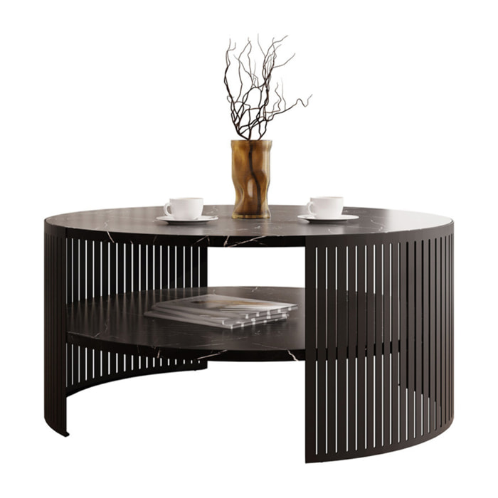 Cruz - table basse ronde - effet marbre noir - 1 niche - 75 cm - Noir