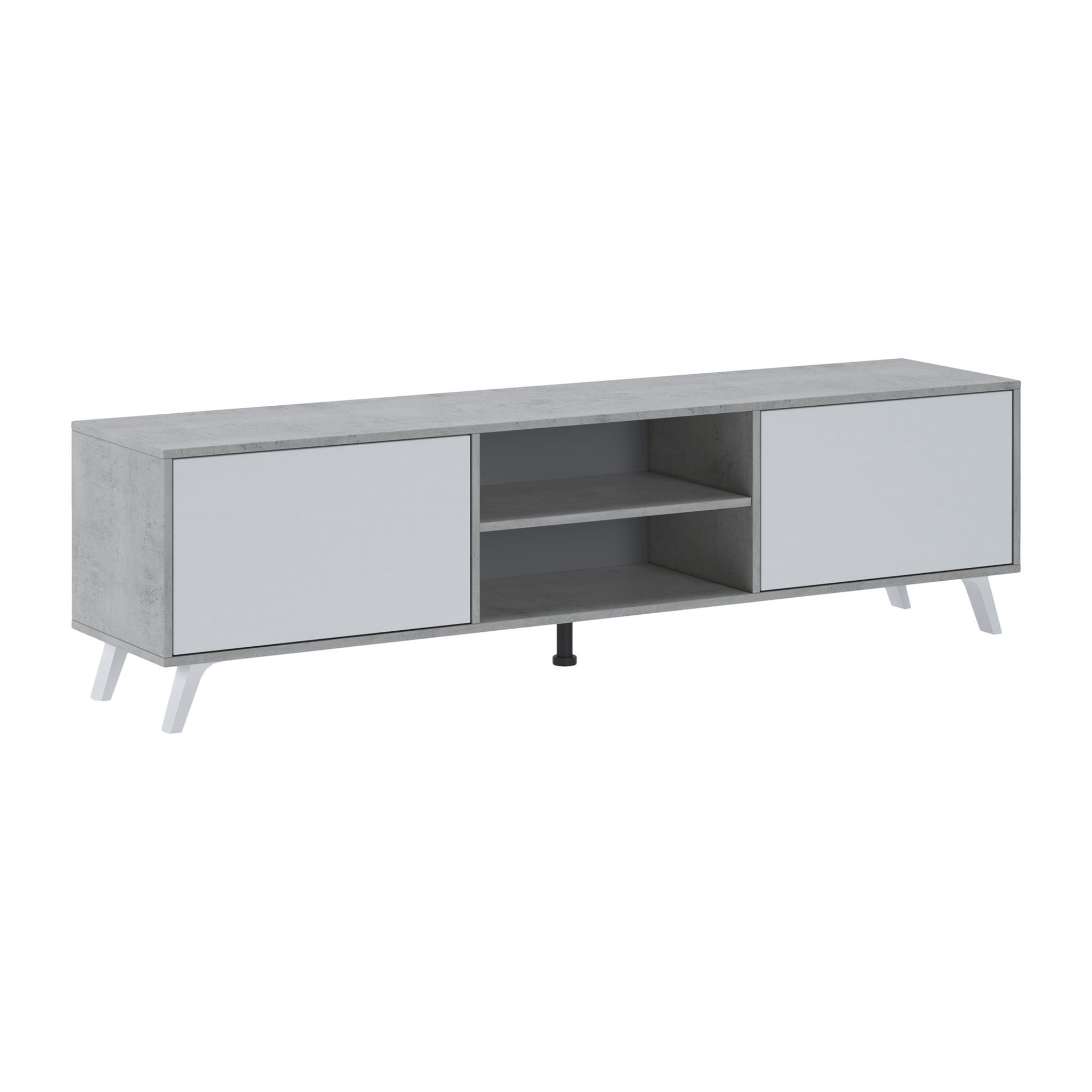 Mobile TV Moderno Con 2 Ante Battenti Ripiani Centrali Aperti Gambe Design Per Televisori fino a 75” 180 x 39,6 x 49 Cm Grigio Cemento E Bianco