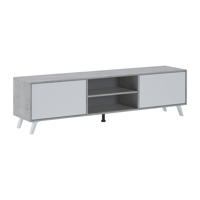 Mobile TV Moderno Con 2 Ante Battenti Ripiani Centrali Aperti Gambe Design Per Televisori fino a 75” 180 x 39,6 x 49 Cm Grigio Cemento E Bianco