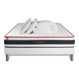 Pack prêt à dormir matelas ENERGY ressorts ensachés et mémoire de forme + sommier kit blanc + Couette + 2 oreillers