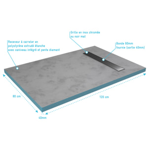 RECEVEUR DE DOUCHE A CARRELER 80x120CM RECOUPABLE SUR MESURE AVEC BONDE CANIVEAU RAINY LINEAR 120