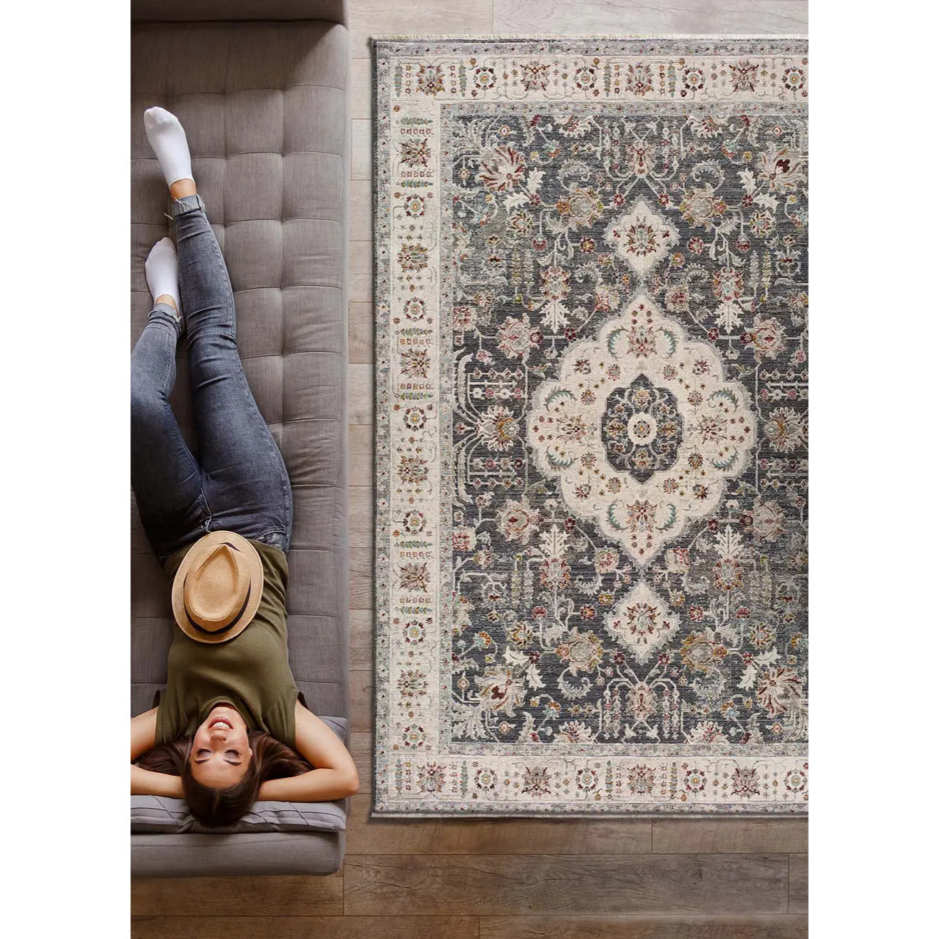 KESHAN Alfombra vintage de pelo corto gris, varias medidas disponibles.