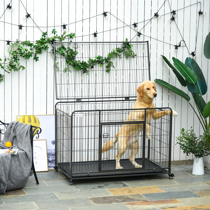 Cage chiens pliable sur roulettes 2 portes verrouillables métal gris noir