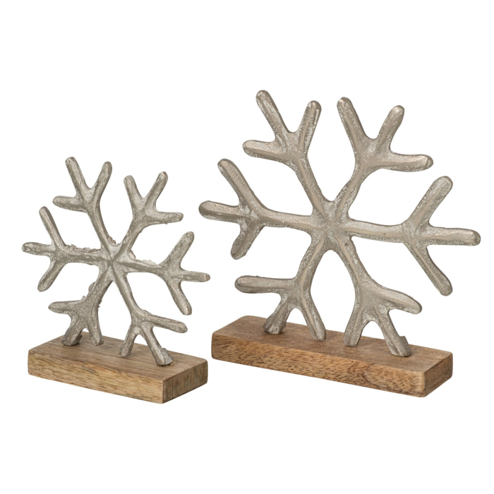 J-Line Set de 2 flocons de neige sur base - aluminium - blanc cassé/naturel