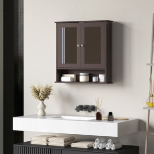 Armario de Baño con Espejo, Armario de Pared con 2 Puertas, Estante Abierto, Estante Ajustable, Mueble de Baño Colgar para Cocina, Salón, 56x13x58 cm, Marrón Oscuro