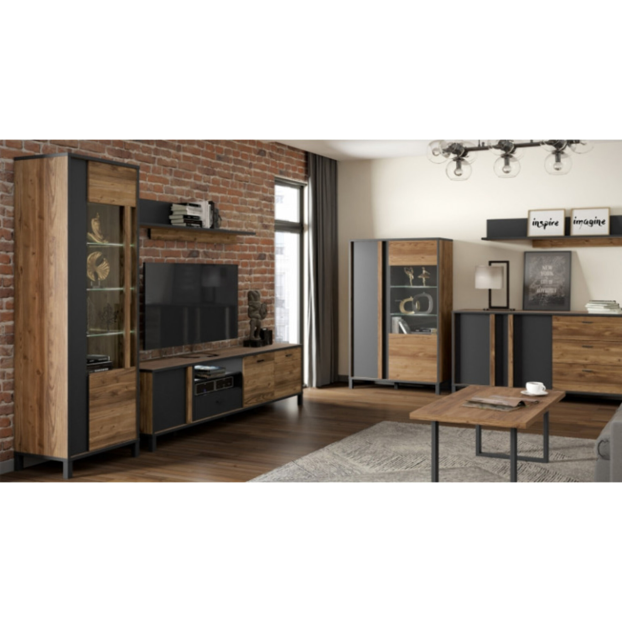 Meuble TV en bois effet chêne et noir L 200cm - YAL