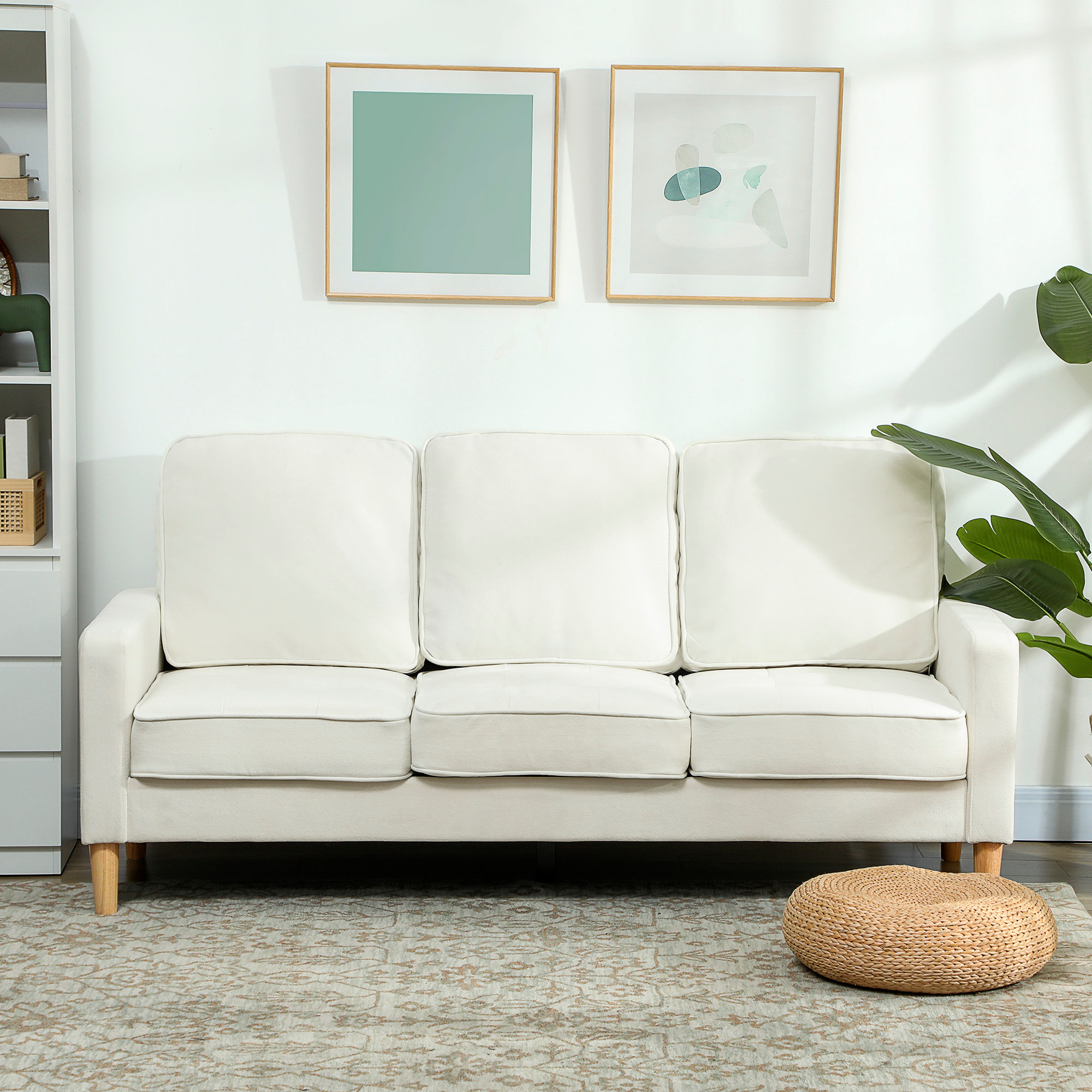 Canapé 3 places en velours, 185 cm, design moderne, canapé avec coussins épais, pieds en bois d'hévéa et assise capitonné, pour salon, chambre, bureau, crème