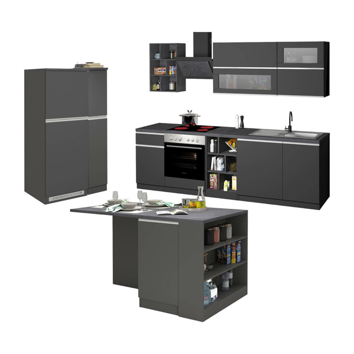 Cucina completa Arlo, Set con dispensa, Mobile per cucinotto, Kit blocco con isola e portafrigo, 100% Made in Italy, Antracite e Ardesia