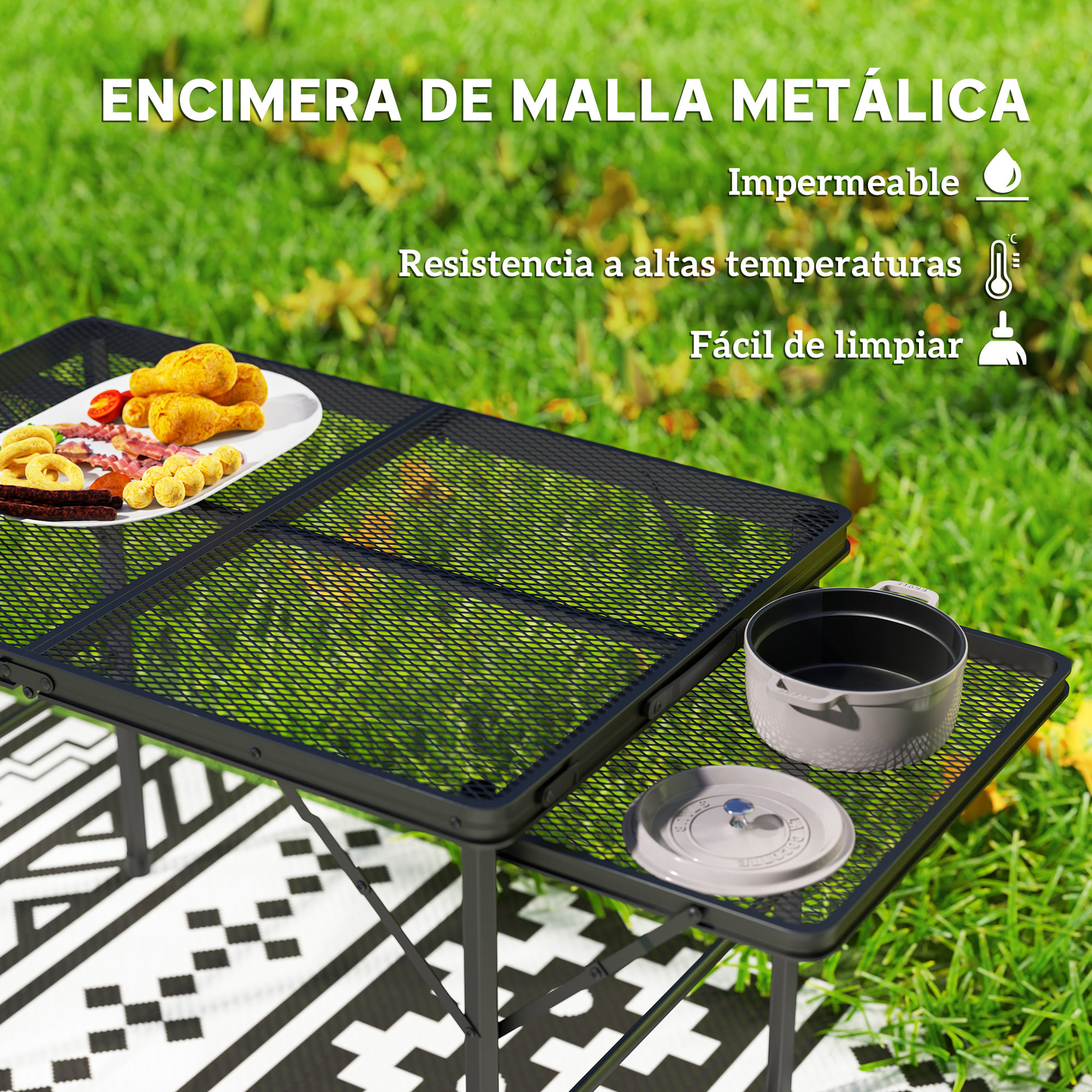 Mesa Plegable Camping de Aluminio 137x62x67 cm con Laterales Abatibles y Altura Ajustable Mesa Plegable Portátil Ligera con Encimera Metálica de Rejilla para Acampar Senderismo Playa Negro