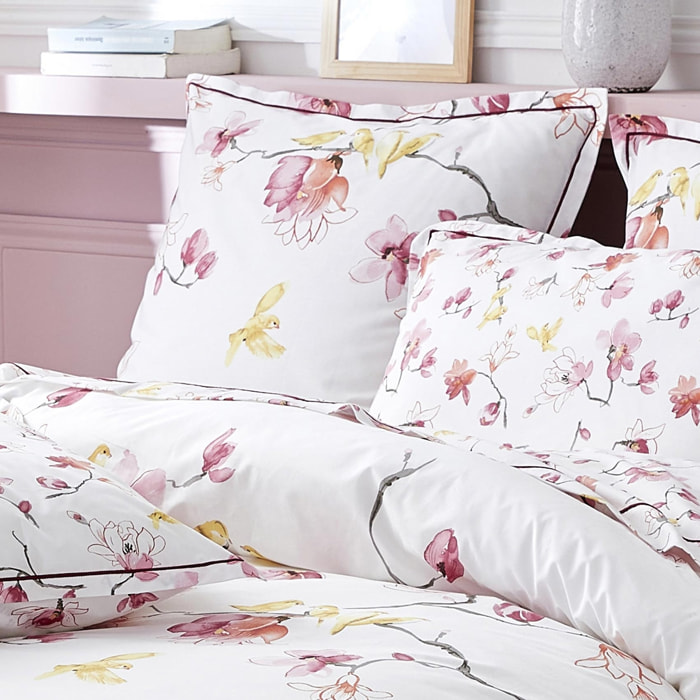 Taie d'oreiller imprimée fleurs et oiseaux - Rose Clair