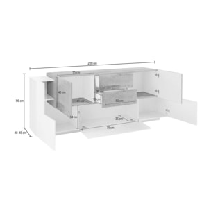 Credenza moderna a 5 ante e 2 cassetti, Made in Italy, Madia da cucina, Buffet di design da soggiorno, cm 220x45h86, colore Bianco lucido e Acero