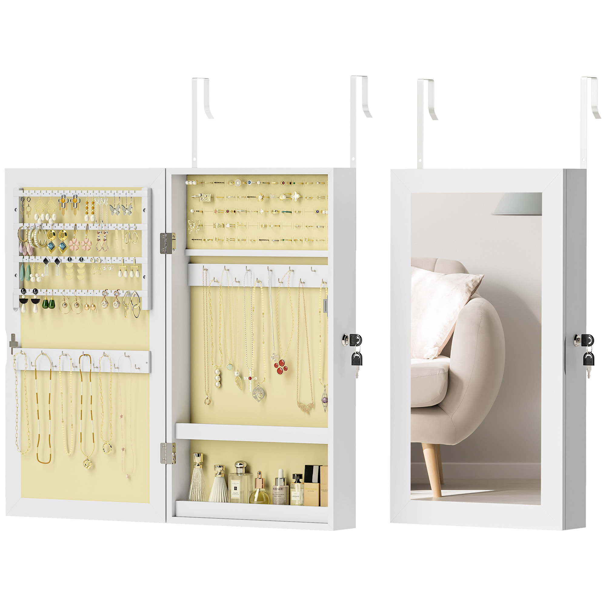 Espejo Joyero de Pared Armario para Joyas con Cerradura y Varios Compartimentos Montar en Pared o Puerta para Pendiente Collar Anillo Pulsera Blanco y Forro Crema